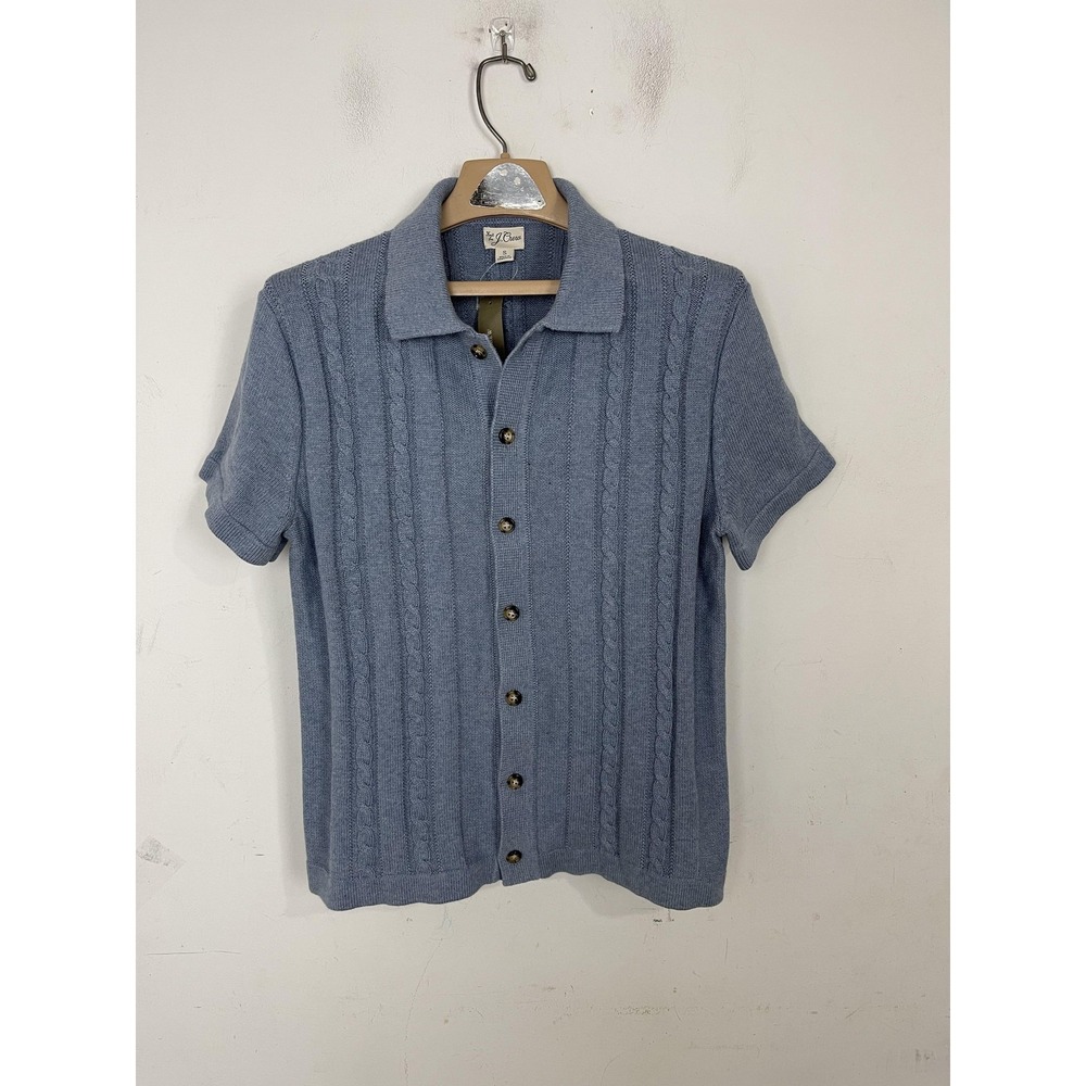 J Crew Sweater Mens Small Blue Cotton Cable Knit Short Sleeve Cardigan Sweater